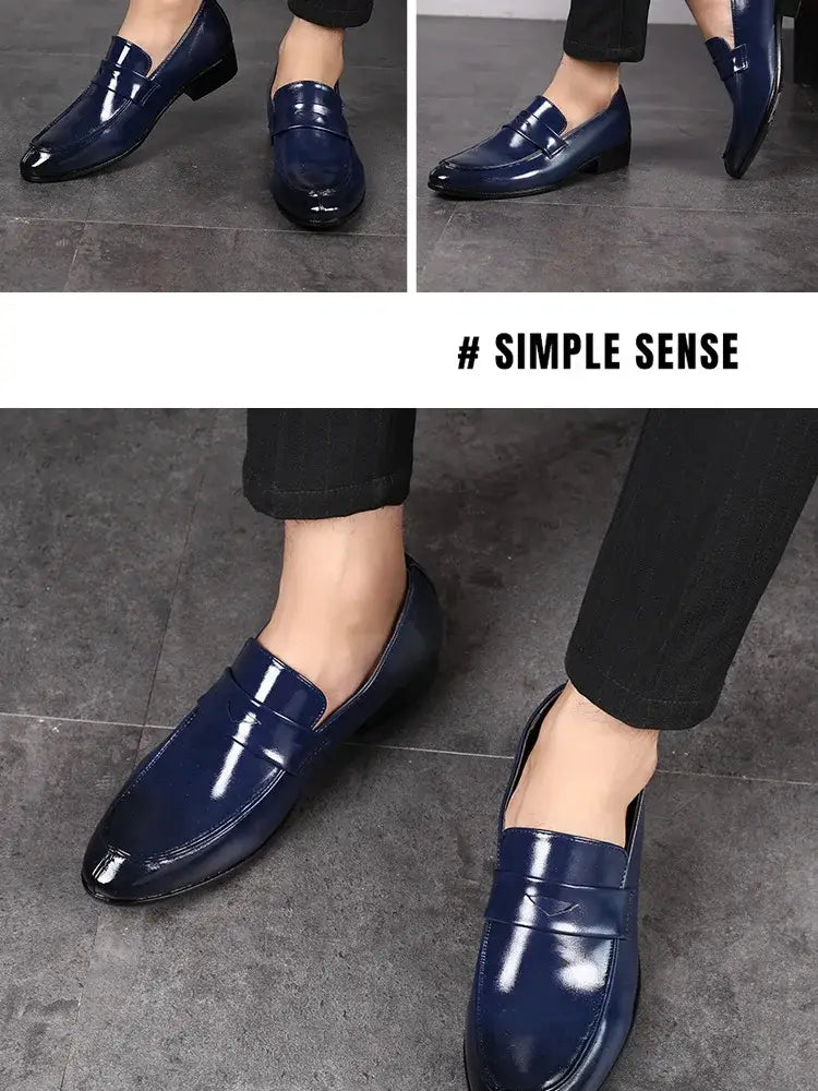 Men leather business dress shoes pointed slip featuring deep navy blue patent leather loafers with a sleek polished finish and classic slip-on design.