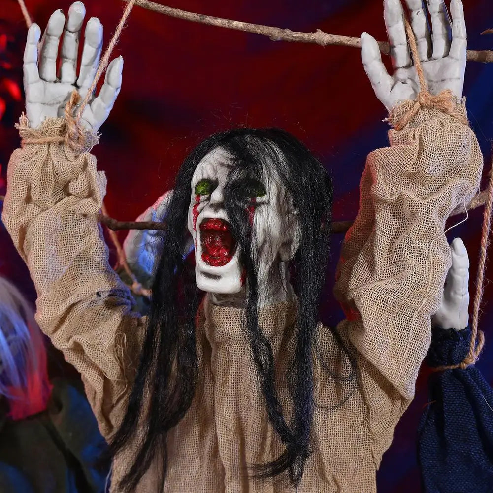 a hauntingly detailed halloween decorations hanging creepy scarecrow prop with pale painted skin long black hair and a coarse burlap garment draped over its arms suspended by ropes