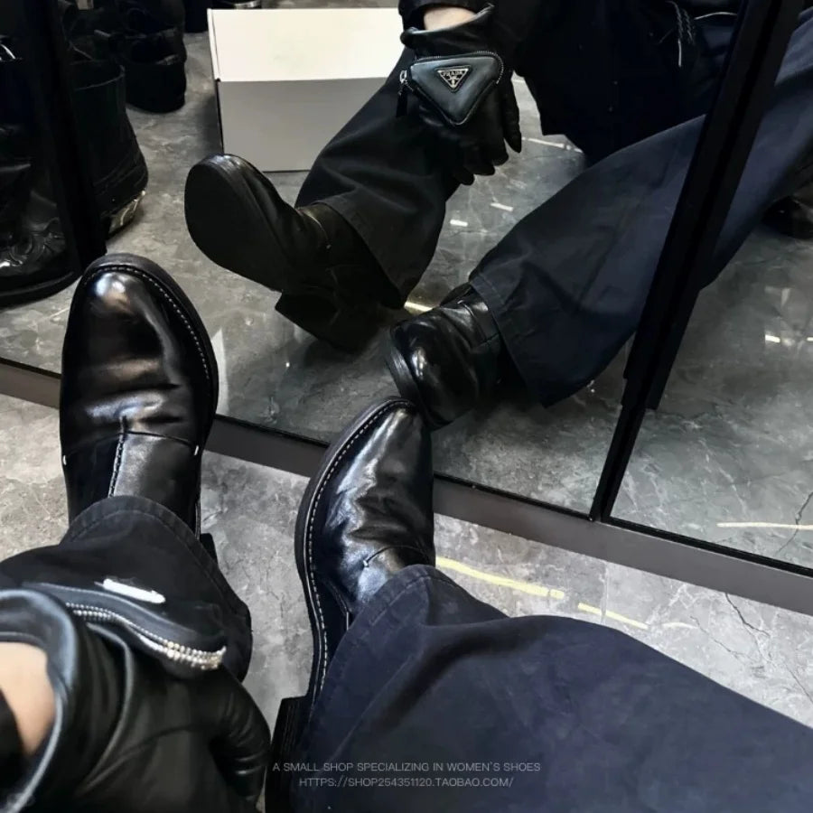 Black Leather Vintage Men's Dress Shoes Washed Effect Upturned Round Toe Slip On Loafers Casual Business Formal Low Heel Shoes