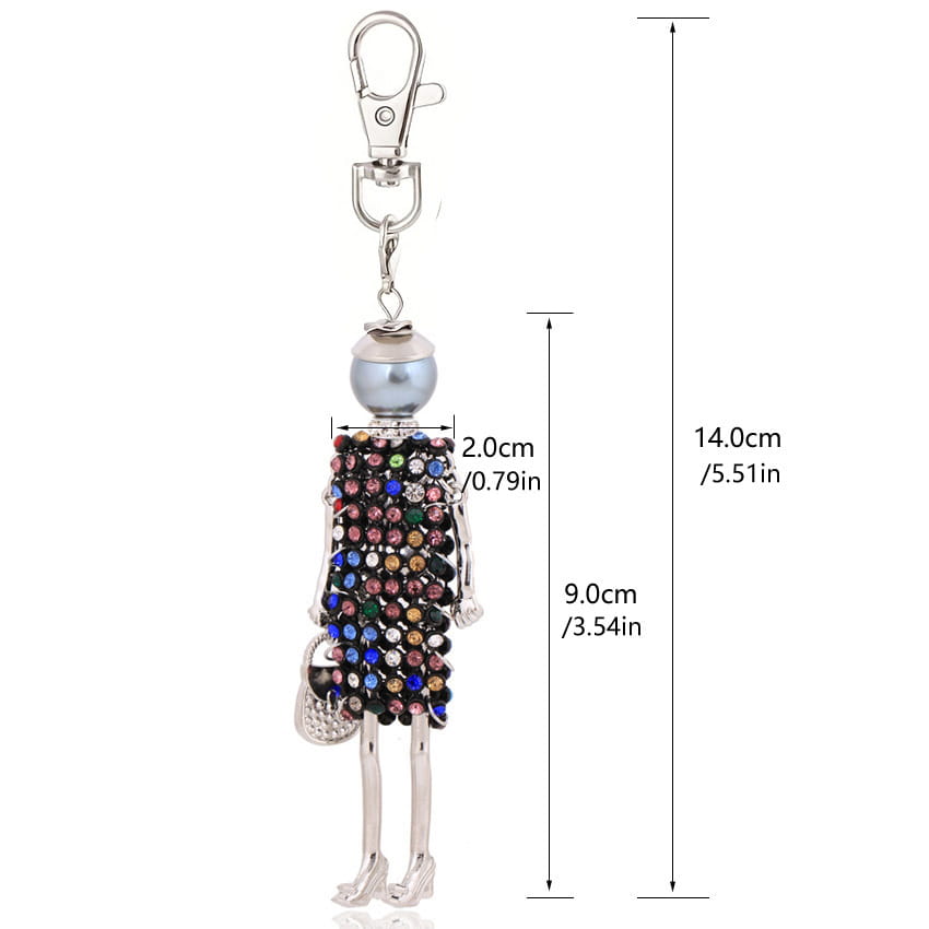 A silver rhinestone doll keychain featuring colorful rhinestones, a pearl-like head, and high-heeled shoe charms for women bag pendant.