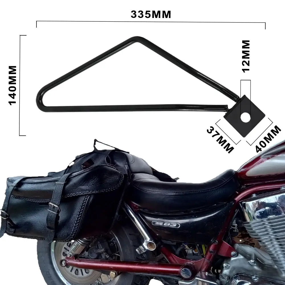 Black metal universal motorcycle saddlebag mount bracket with a triangular frame and square mounting plate shown from the back side.