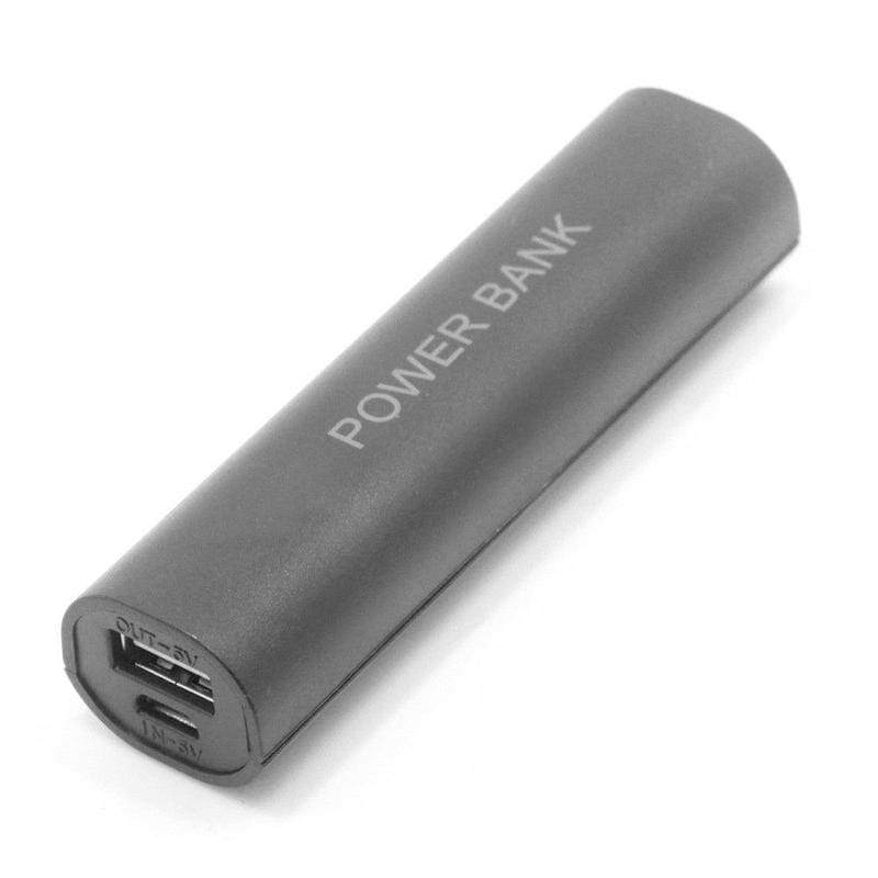 Black cylindrical portable 18650 power bank case diy shell charger with dual USB ports and power bank printed in silver lettering.