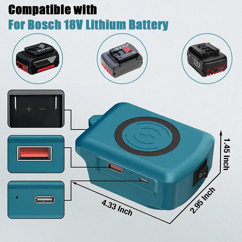 ボッシュ18Vリチウム電池用のティール色ワイヤレス充電アダプターで、円形の充電パッドと複数のUSBポートを備えています
