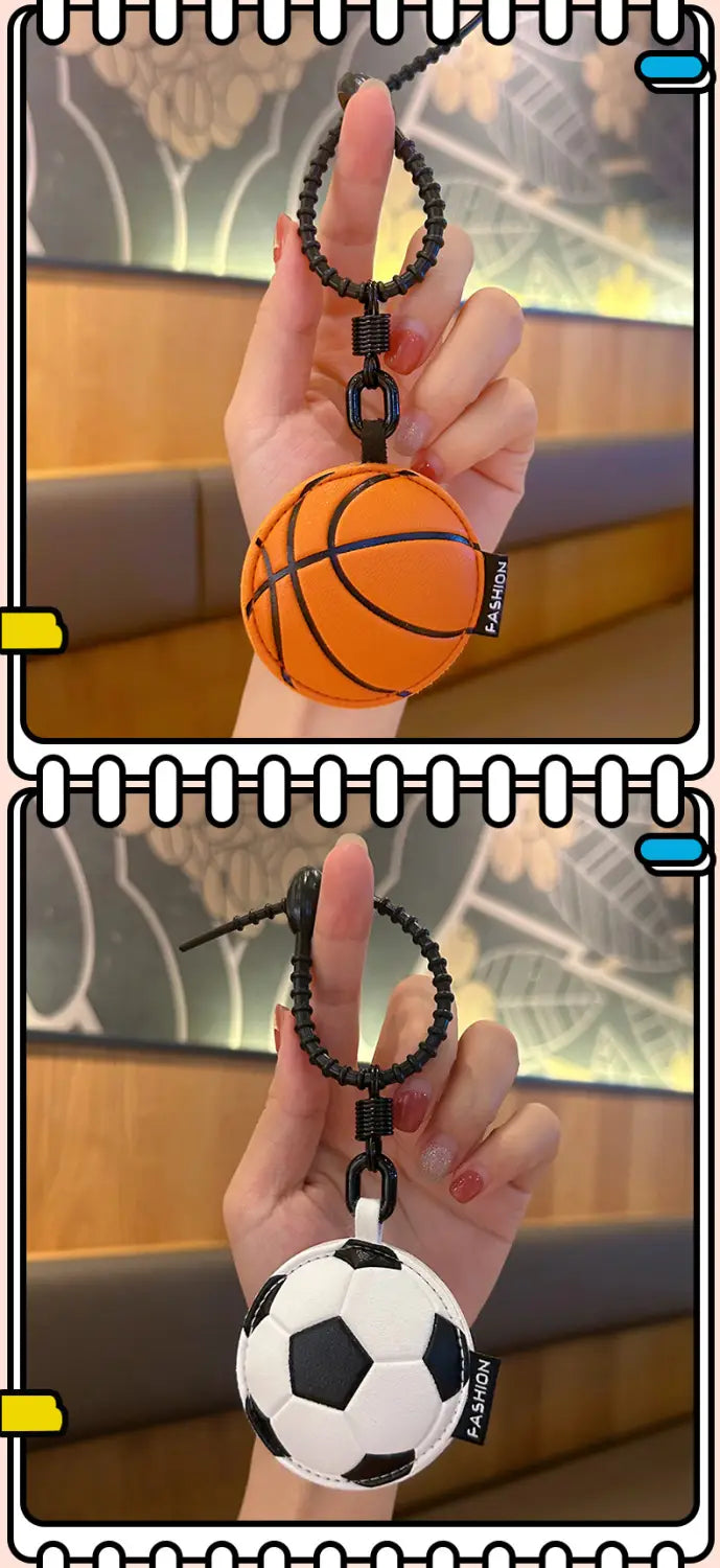 Leather sports ball keychain set bag charm featuring an orange and black basketball-shaped keychain with a braided black cord attachment.