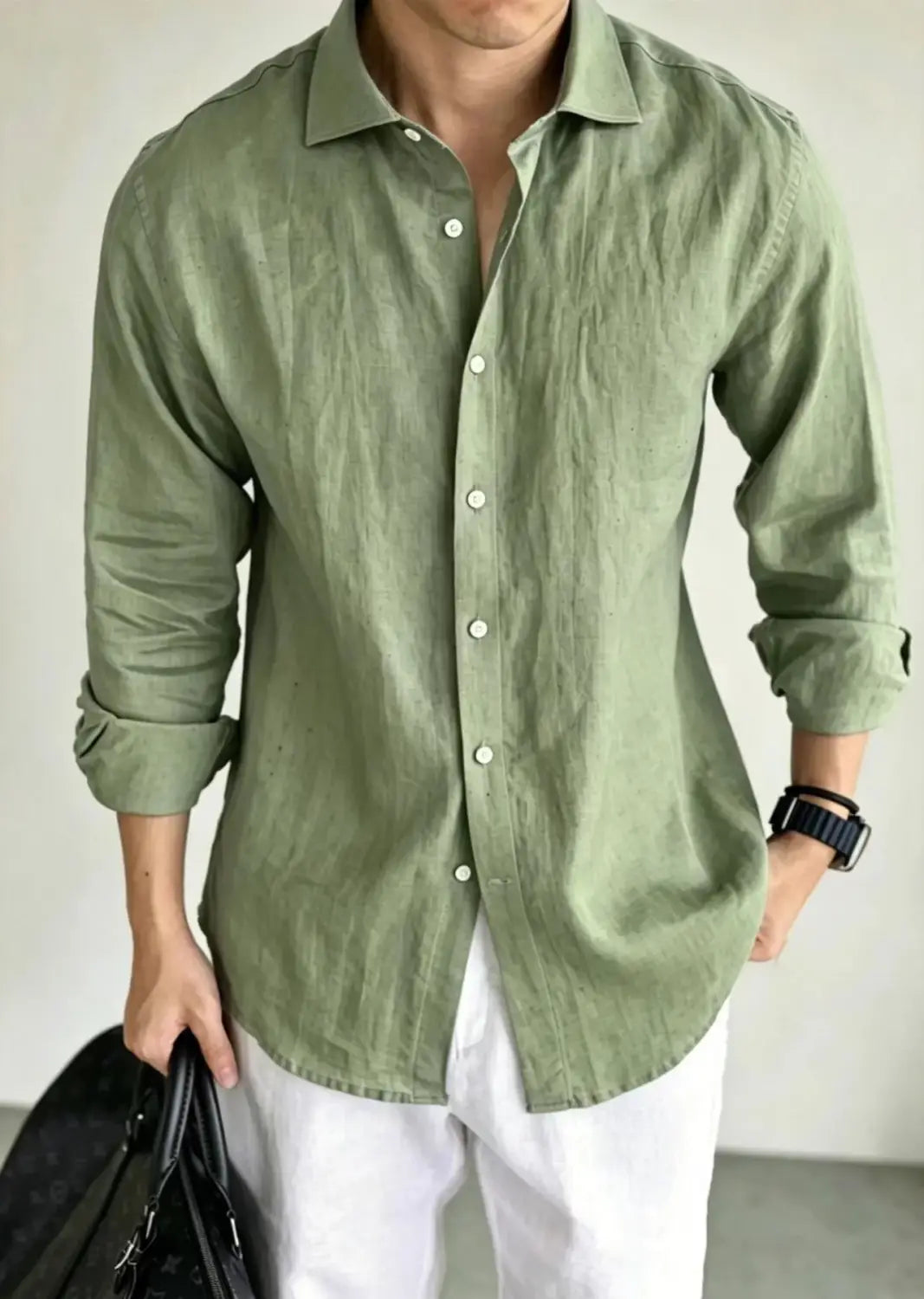 olive green cotton linen casual men button down shirt with rolled sleeves and white buttons