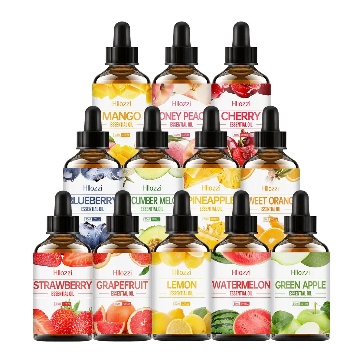 Hillozzi essential oil fruit set for skin care featuring amber glass bottles with black dropper caps and vibrant colorful fruit-flavored labels.