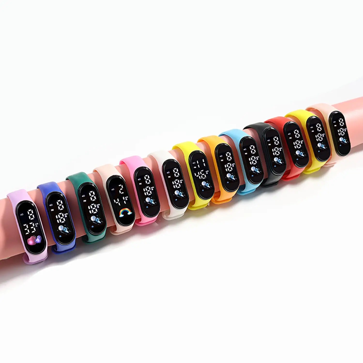 A colorful array of kids led digital sports watches with waterproof silicone bands and black rectangular screens displaying time temperature and animated icons.