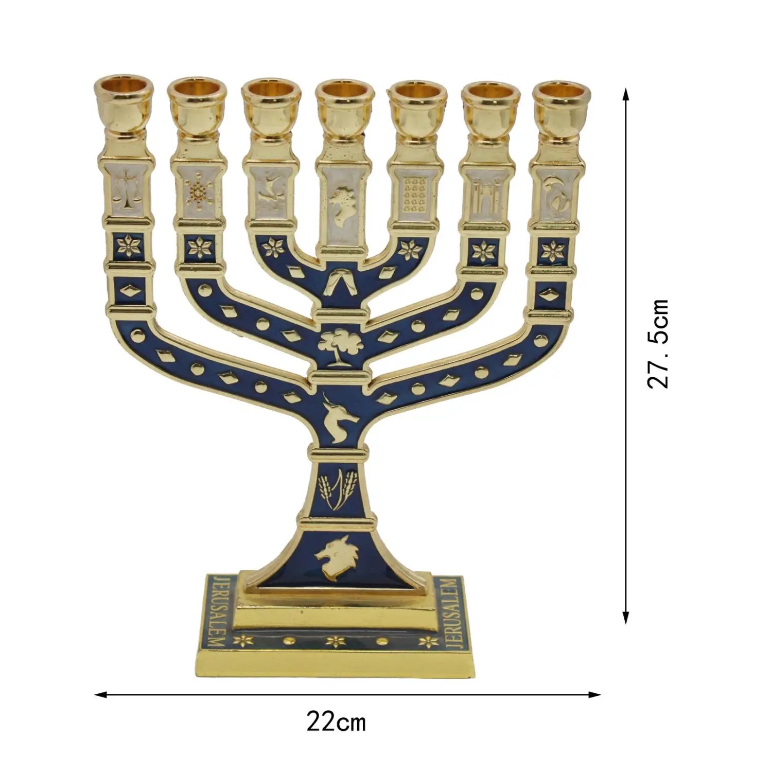 Menorah Candelabrum Ornament with Gold Accents Table Centerpiece Candlestick for Living Room Banquet Christmas Home Decor a gold and navy blue menorah candelabrum with intricate enameled designs and seven candle holders on a base inscribed with jerusalem for living room home decor