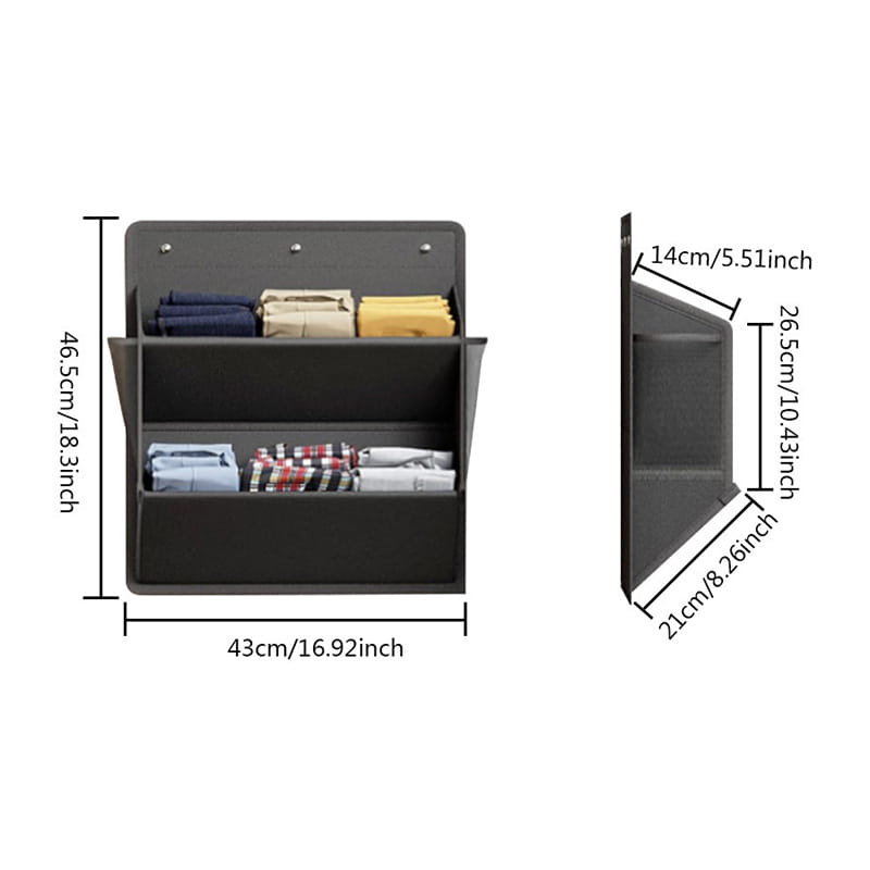 Black foldable shoe storage hanger made of fabric with three compartments holding folded clothing items for RV and wardrobe organization.