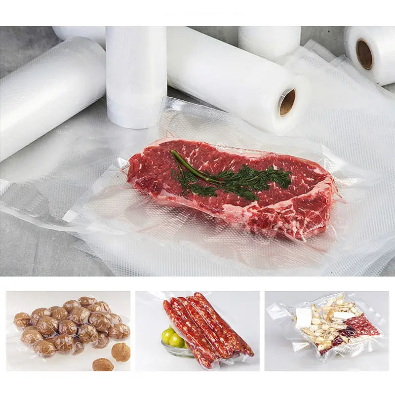 a vacuum-sealed steak with fresh herbs in a clear textured plastic bag using food vacuum sealer rolls 500cm storage bags for efficient preservation