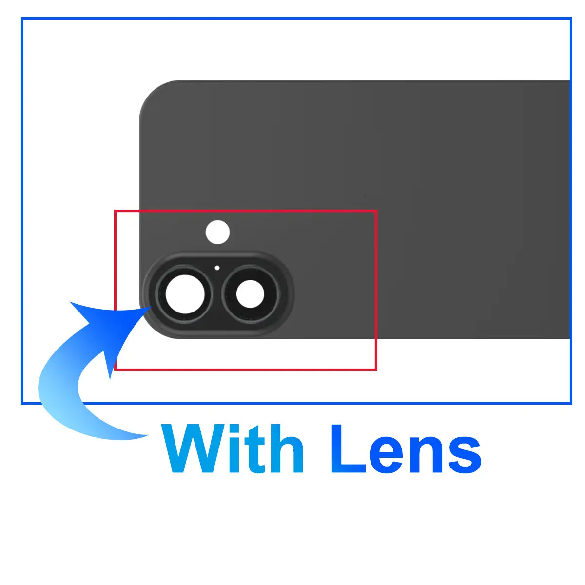 black dual-lens camera module with circular lens housing and small sensor hole on the back side of iphone 16 plus replacement back cover glass highlighting the product quality and shipping fee details