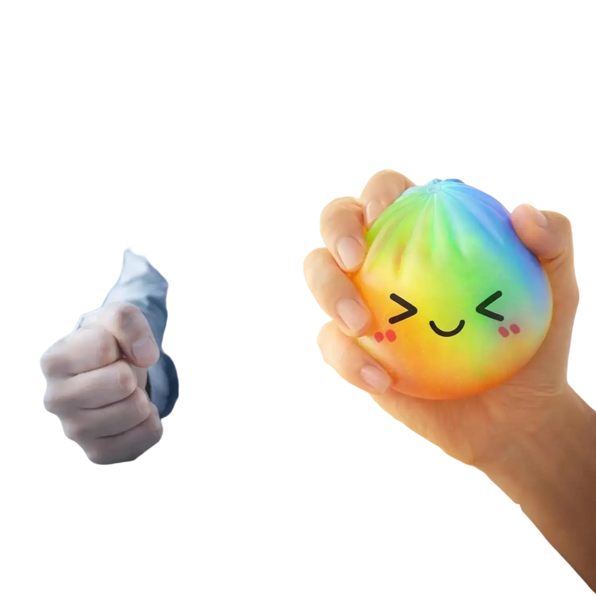 Front view of a rainbow-colored dumpling squishy stress ball with a smiling face design for sensory fidget use