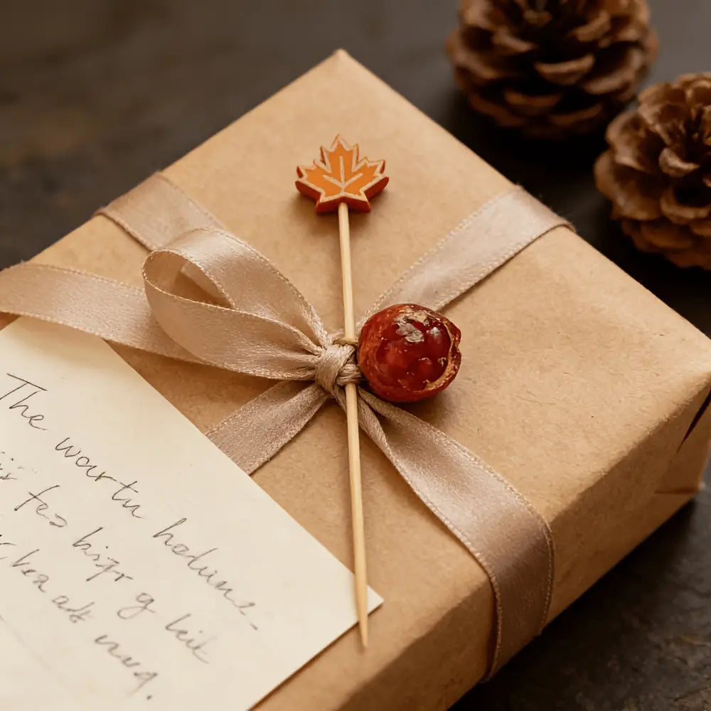 a rustic brown kraft paper gift box tied with a beige satin ribbon and adorned with an orange maple leaf-shaped wooden topper containing autumn bamboo food skewers 100 pack