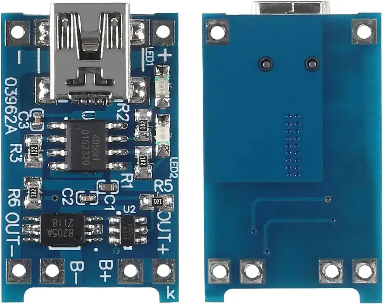 Blue tp4056 lithium battery charging board circuit with silver usb connector and labeled components for 18650 batteries in a 10pcs set