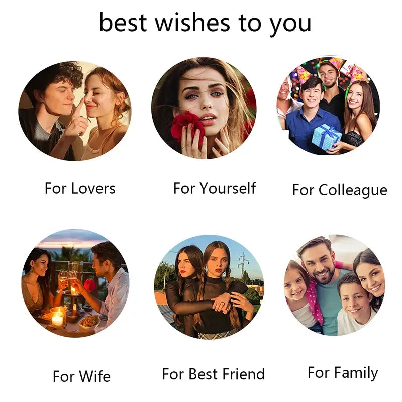 A white card with the text best wishes to you and six labeled circular images showcasing a customized name keychain set.