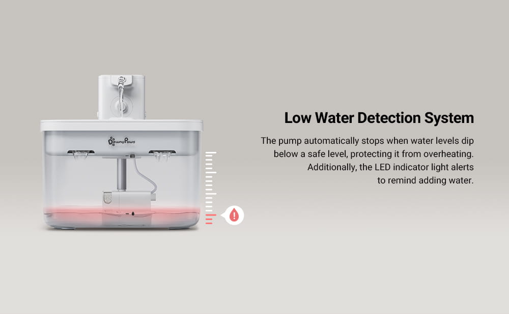 white plastic pet water fountain wireless motion sensor with transparent reservoir and red led indicator light for use as a water dispenser