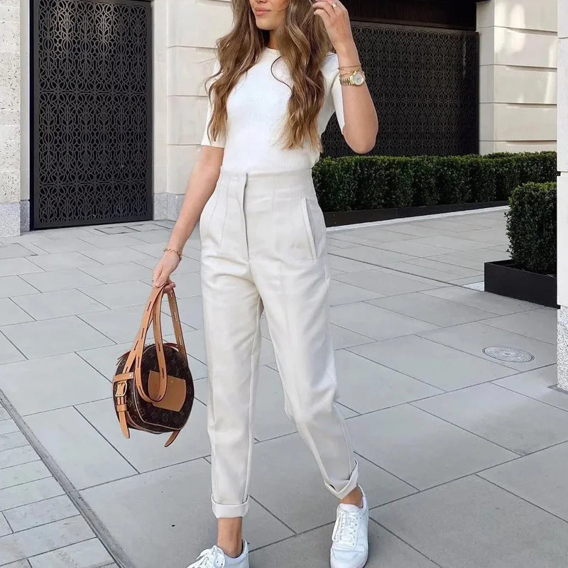 HXAO Office Wear Women'S Formal Pants Pleated High Waist Pants For Women Casual White Cropped Trousers Blackpink Woman Pants