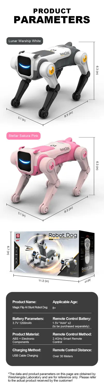 Robot dog intelligent Ai programmable RC toy in pink and white with black legs featuring glowing blue eyes and a sleek articulated design.