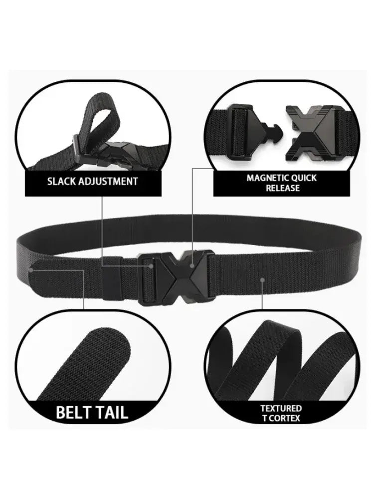 Ceinture tactique en nylon noire pour hommes, fabriquée en tissu t-cortex texturé respirant, avec une boucle magnétique à dégagement rapide.