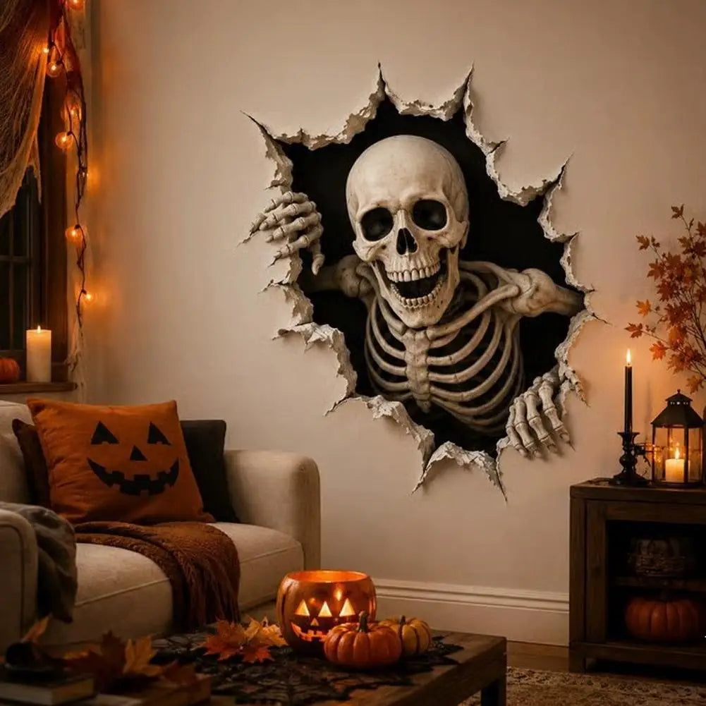 Un squelette blanc réaliste en trois dimensions, avec une structure osseuse détaillée et des orbites noires, émerge d’un autocollant mural 3D pour Halloween en papier déchiré, pour une décoration saisonnière effrayante.