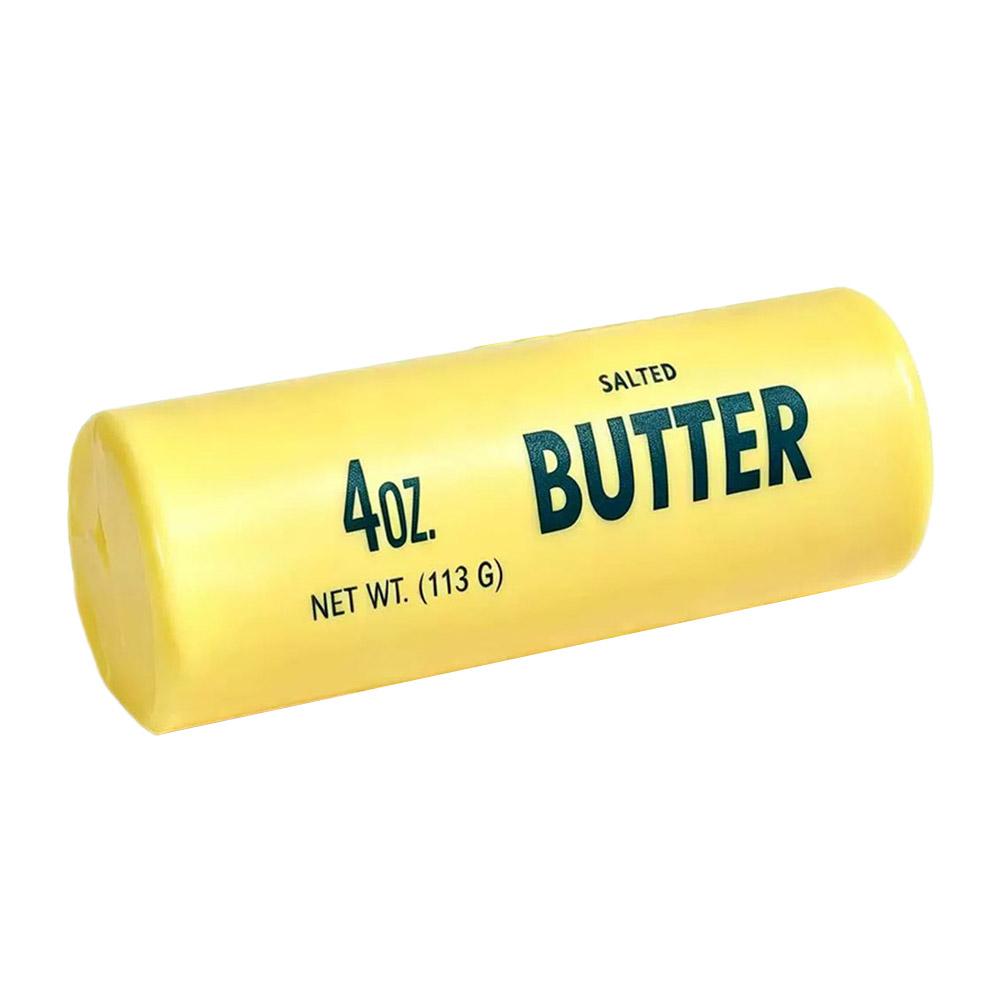 yellow cylindrical butter stick package labeled 4oz containing salted butter designed as a slow rising yellow butter squeeze toy