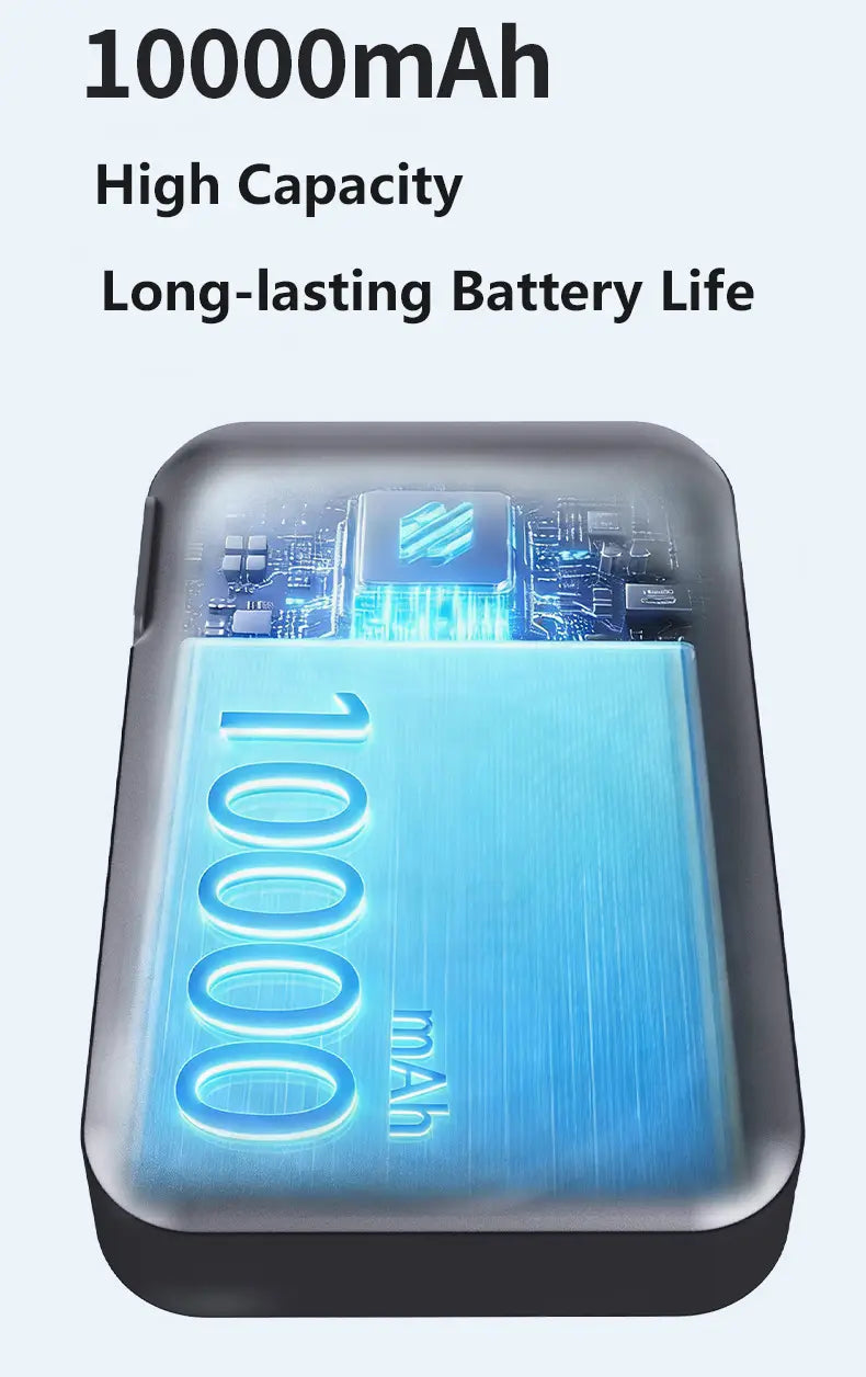 Une élégante batterie externe rectangulaire à batterie à semi-conducteurs de 10 000 mAh, avec une coque bleue translucide révélant le circuit interne et des composants lumineux, offrant une charge sans fil magnétique.