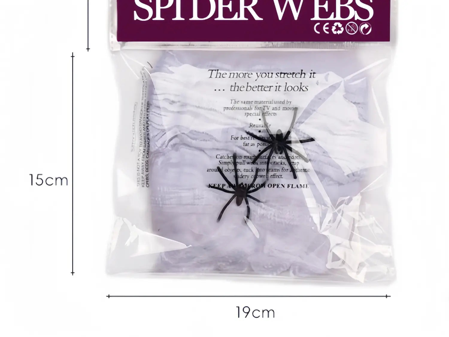 Black plastic spiders on white stretchable spiderweb material inside a clear package of stretchable Halloween spider web decoration.