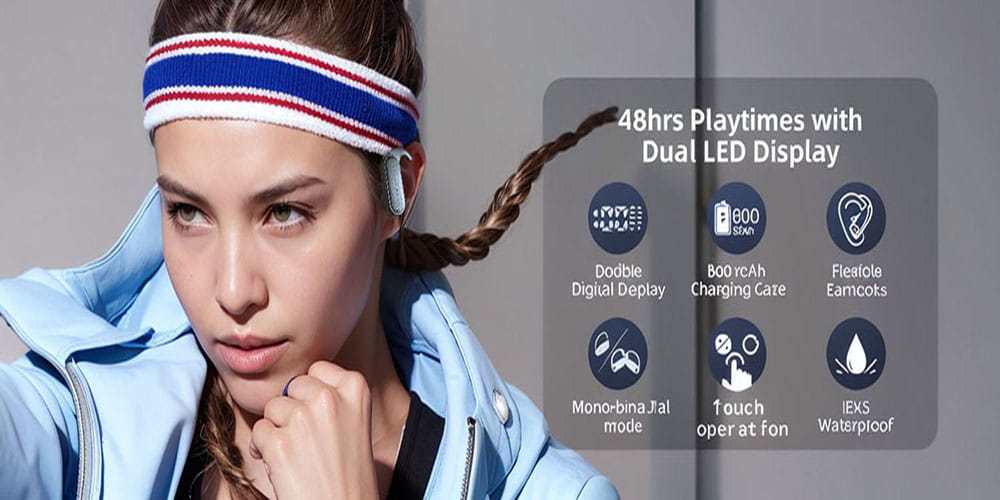 white and blue striped wireless earhook earbuds with hd stereo bluetooth 5.0 and integrated headband for secure fit and comfortable use