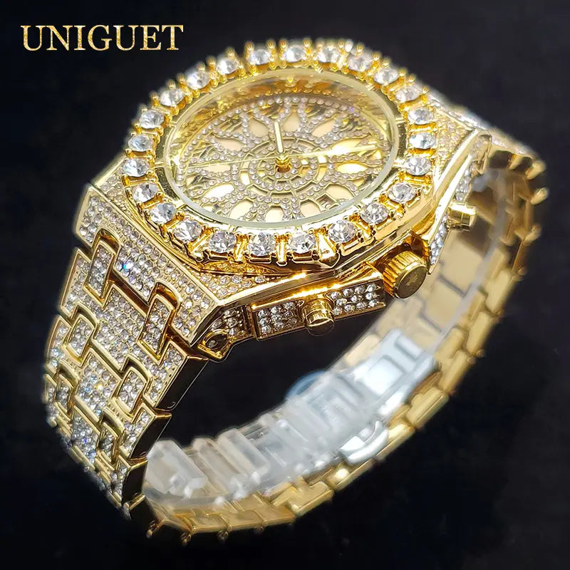Gold-tone men’s quartz watch with diamond-encrusted bezel and bracelet featuring an ornate face with intricate detailing luxurious silver hip hop timepiece.