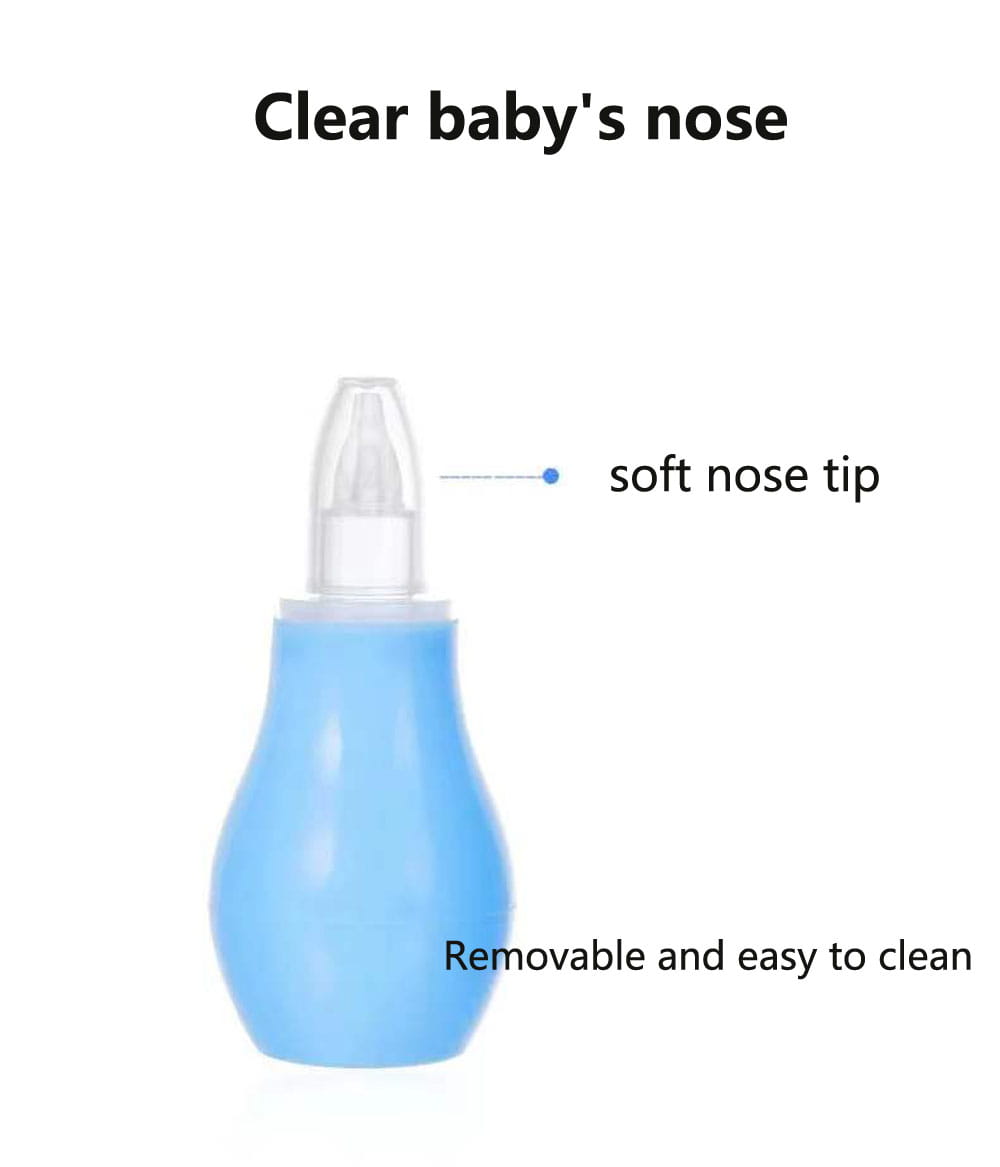 Ein transluzenter blauer Baby-Nasenabsauger mit weicher, klarer Nasenspitze und abnehmbarer Ausführung, enthalten in einem Baby-Gesundheits- und Pflege-Set.