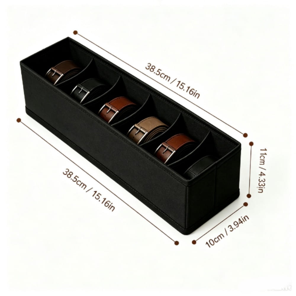 Black leather drawer organizer with five compartments holding brown and black belts designed for fabric storage of underwear and socks.