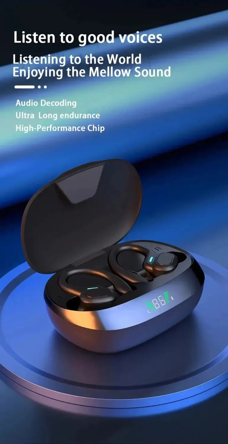 Black wireless sport ear hook earbuds with waterproof Bluetooth feature nestled in a sleek glossy charging case with illuminated blue led indicators