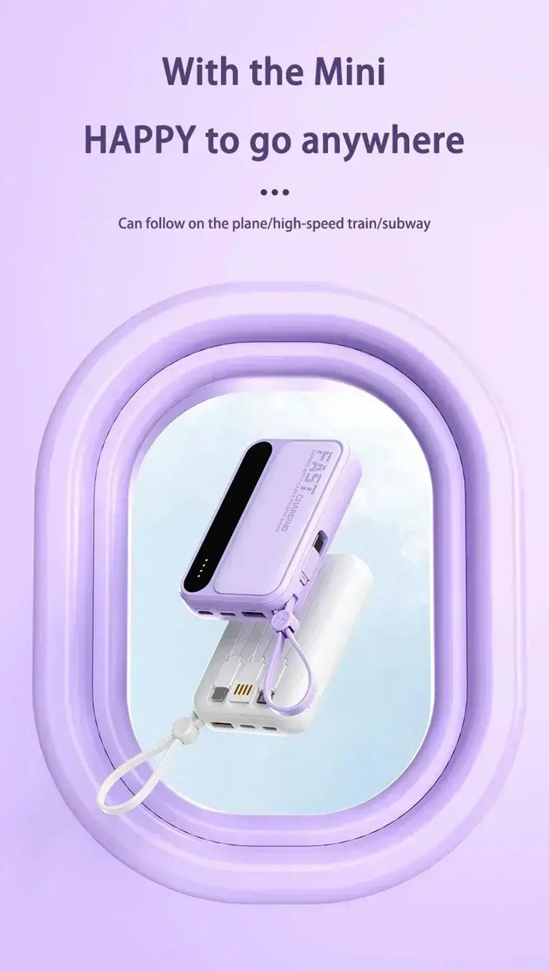 Lavender-colored power bank 30000mah with fast charging and built-in cables featuring a sleek, compact design and multiple charging ports.
