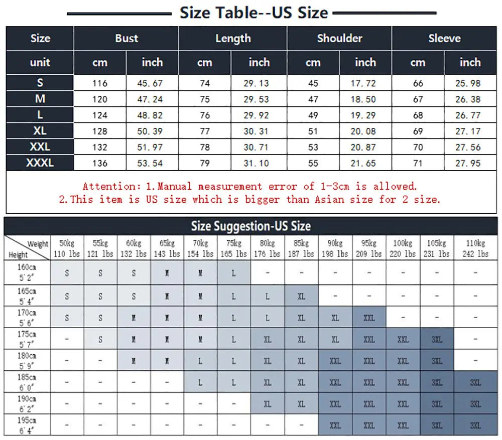Us size clothing measurement chart for men waterproof hiking jacket hooded windbreaker with tables showing bust length shoulder and sleeve dimensions in centimeters and inches.