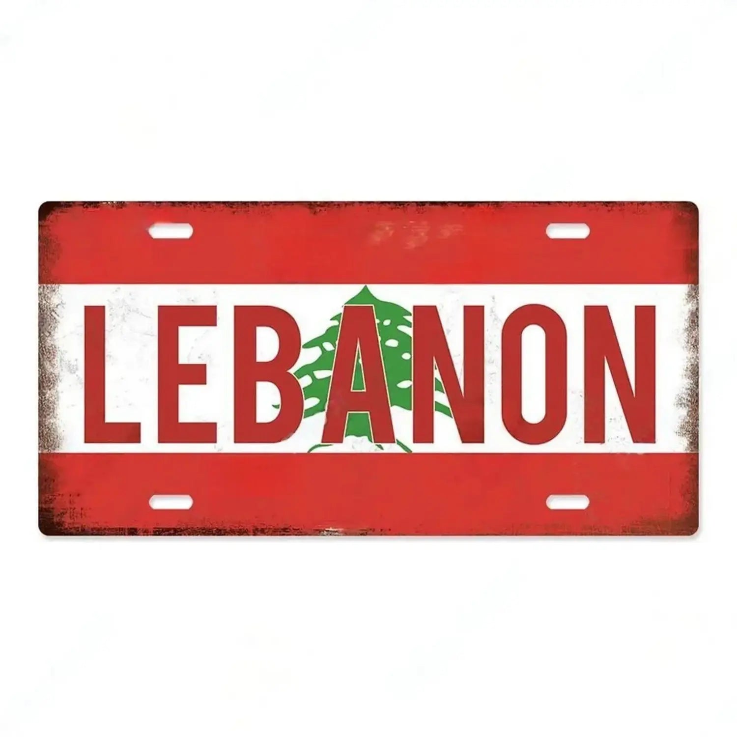 Red and white distressed metal license plate featuring the word Lebanon with a green cedar tree emblem as vintage wall decor in an India flag metal license plate style.
