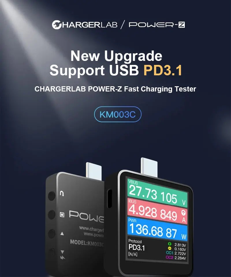 Black km003c chargerlab power-z km003c fast charging tester with a digital display showing usb pd 3.1 power metrics in colorful segments featuring protocol pps 50v.