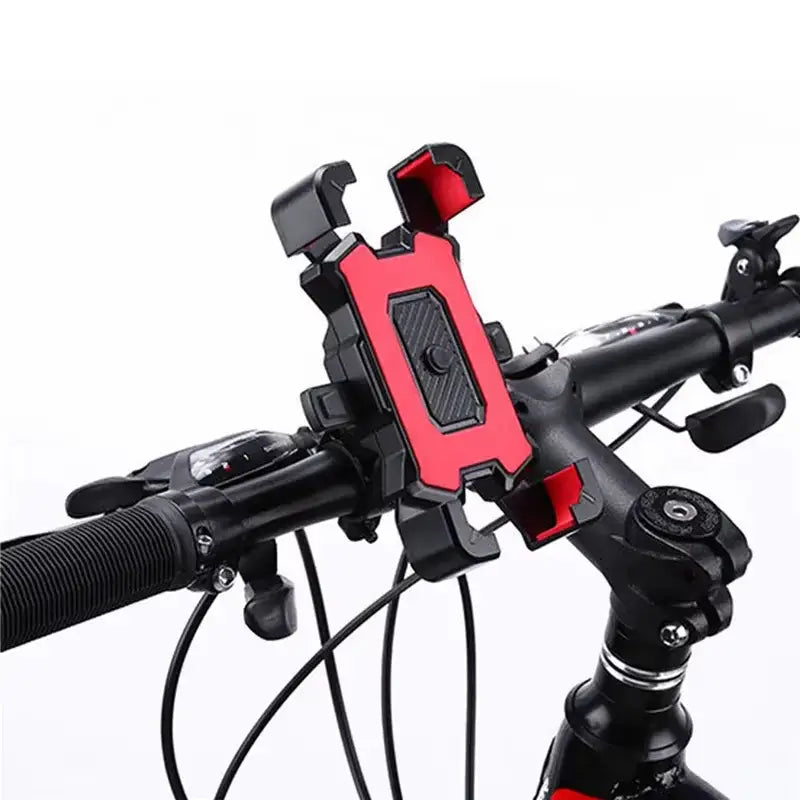 Adjustable bicycle phone holder 360 rotatable mount in red and black with a textured grip area designed for secure handlebar attachment.