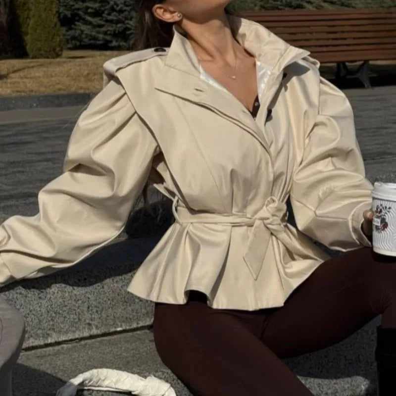 Vintage Trench Coats Women 2025 New Autumn Solid Lace Up Lapel Jacket Casual Loose Full Sleeve Coat High Street Office Outwear