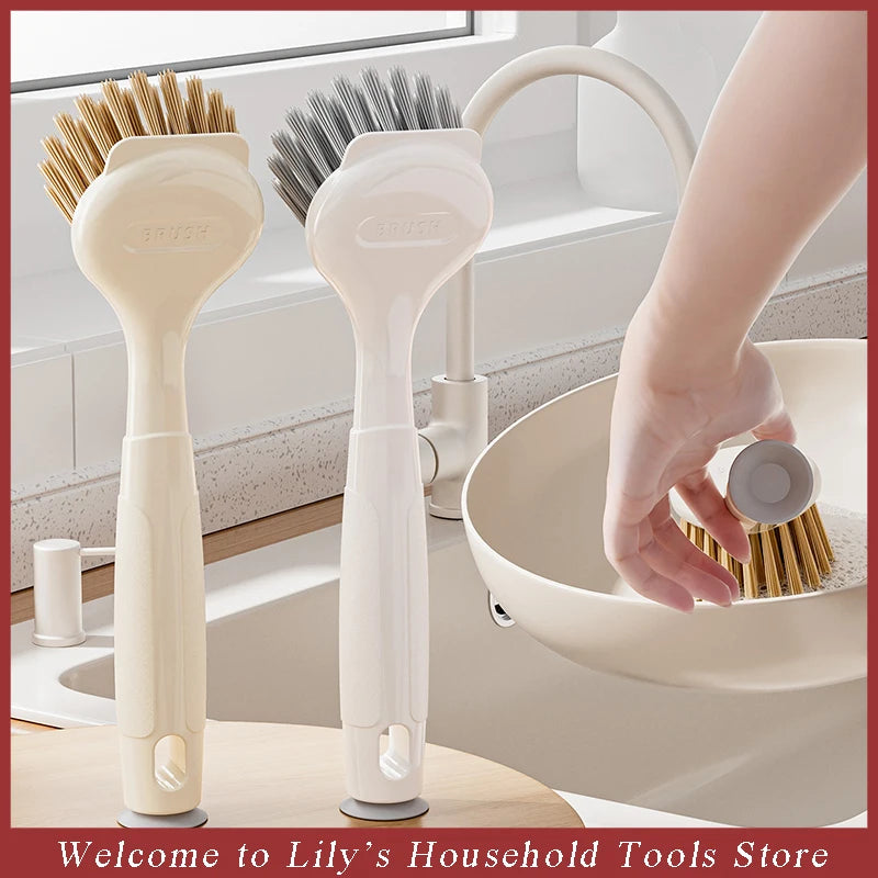 Kitchen Cleaning Brush Long Handle Dish Brush Stove Grease Scrubber 2in1 Cleaning Tools with Suction Bottom for Sink Pots Pans