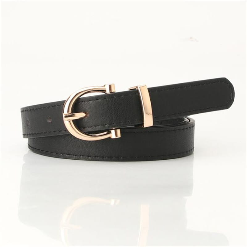 Cinturón de piel sintética (PU) para mujer negro con hebilla tipo D de tono dorado para cinturas.