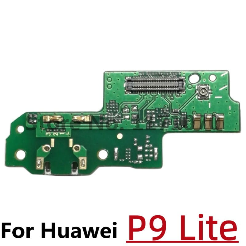 green circuit board for huawei p9 lite with gold-colored connectors and black ribbon cable connector for p10 p20 p30 charging port flex cable replacement.
