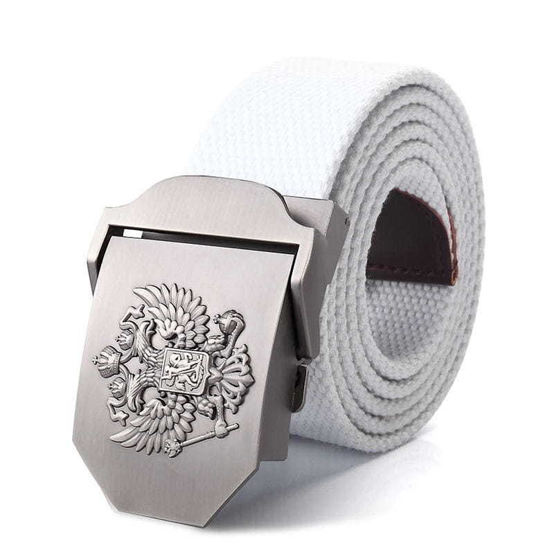 Ceinture tactique en toile blanche pour hommes, avec une boucle à finition ton argent, présentant un emblème d’aigle russe bicéphale en relief, pour un usage militaire.