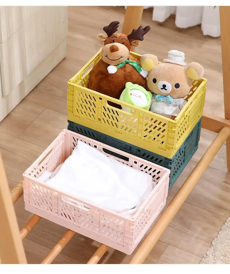 stacked foldable storage baskets plastic lattice crates in pastel pink yellow and teal designed for versatile storage use