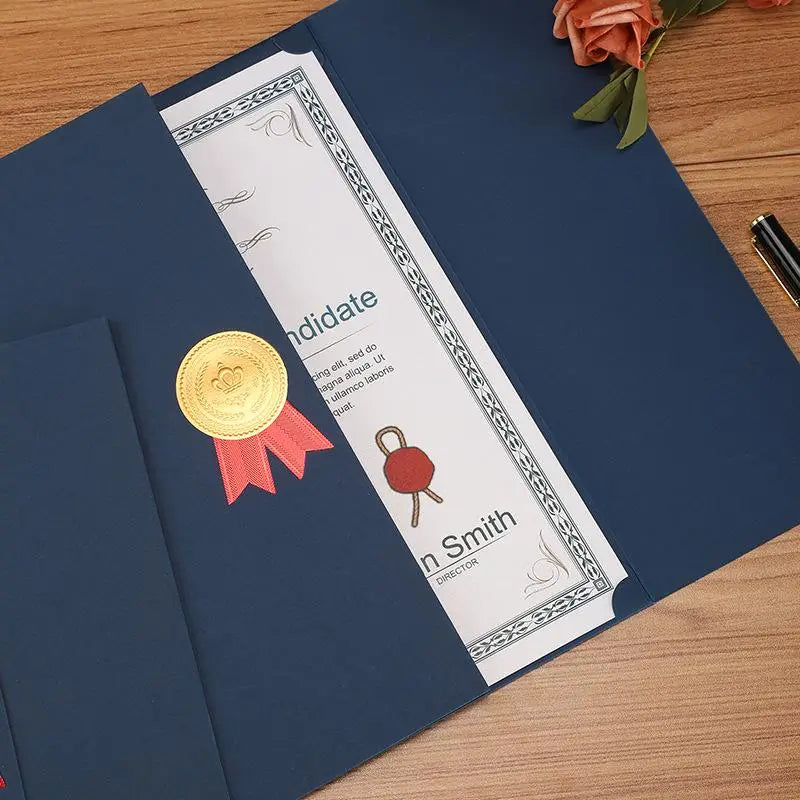 a navy blue a4 certificate holder diploma document folder with a gold and red seal accent designed for elegant document presentation