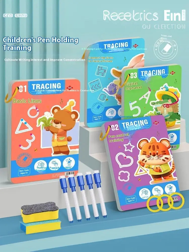 Wiederverwendbares Nachzeichnungs-Arbeitsheft für Kinder mit farbenfrohen Cartoon-Tierumschlägen und passenden Stiften, ausgelegt zur Förderung der Feinmotorik.