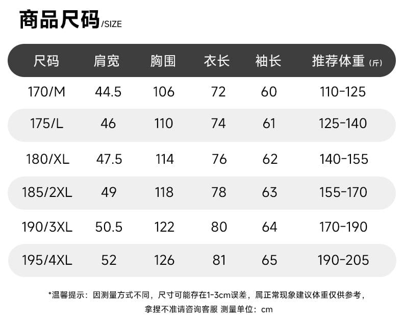Tableau des tailles pour un manteau d’hiver à fermeture éclair pour homme en laine à 100 %, indiquant les mensurations des vêtements pour femmes en centimètres pour les tailles 170/m à 195/4xl.