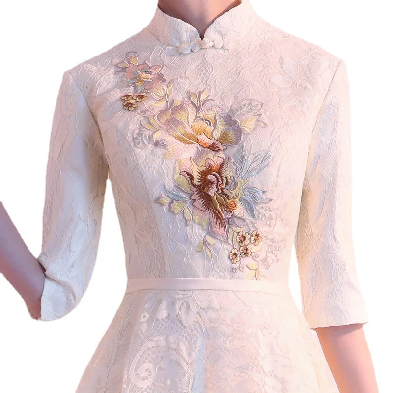 Banquet Elegant Evening Dress New Chinese Style Cheongsam Long Bridesmaid Dress with Mid Sleeve Welcome Etiquette for Ladies