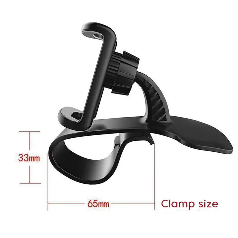 Black plastic car phone holder with adjustable clamp and curved arm for 360 rotatable dashboard mount universal use.