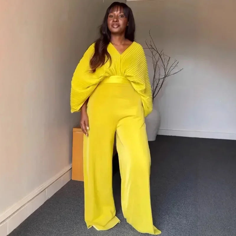 Fashion Women's Set Long Sleeve Pleated Blouse Top and Wide Leg Pants 2025 Chic Two 2 Piece Sets Outfits Tracksuit