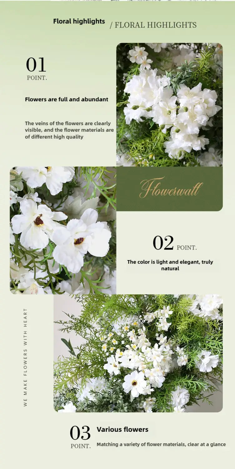 Arco floral para boda con soporte y rosas blancas artificiales que presentan delicadas hojas verdes y pétalos y tallos de aspecto natural.